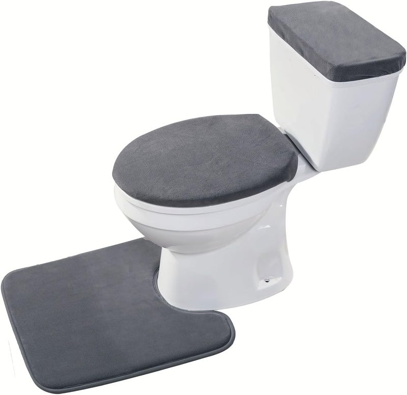 Madeals Velvet Toilet Lid Cover and Tank Lid Cover with Memory Foam Toilet Mat 3 Piece Toilet Contour Rug Set Drak Gray - Image 2